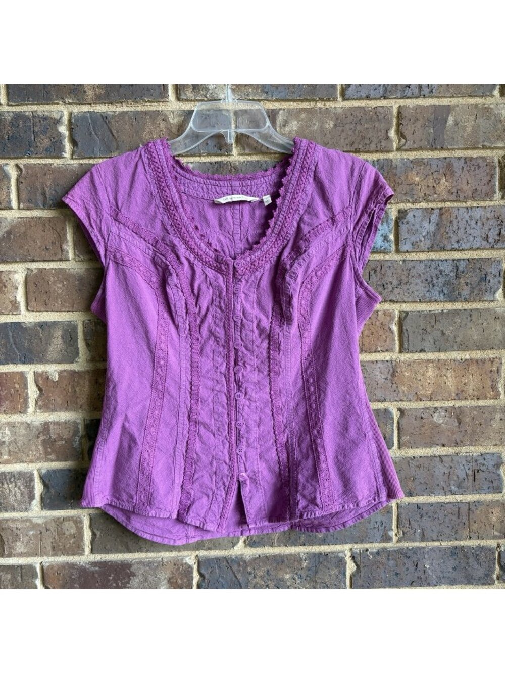 Soft Surroundings Cap Sleeve  Purple Plum Lace Embellished Button Up Top Size S